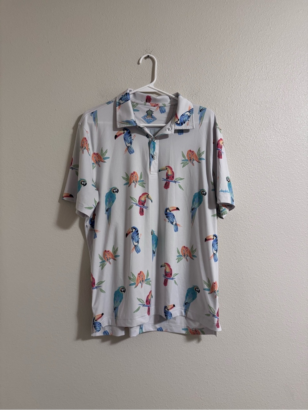 chubbies White Polo with Multicolor Tropical Bird Print